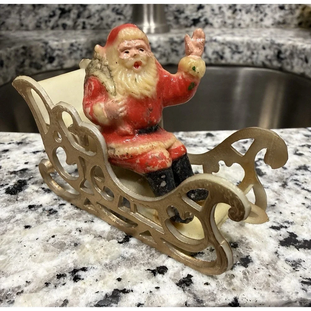 Vintage Plastic Santa Claus Sleigh Christmas Ornament Decor Hong Kong